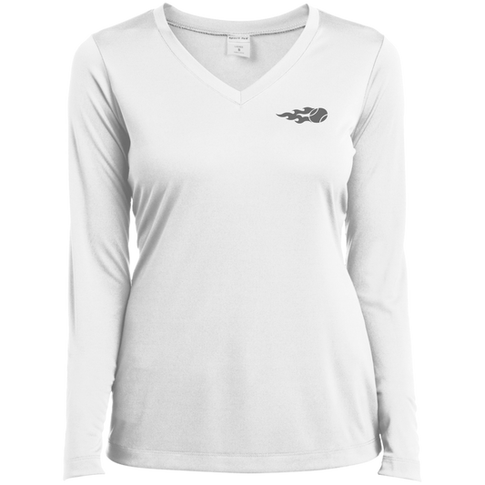 USTA Flaming Tennis Ball Ladies’ Long Sleeve Performance V-Neck Tee